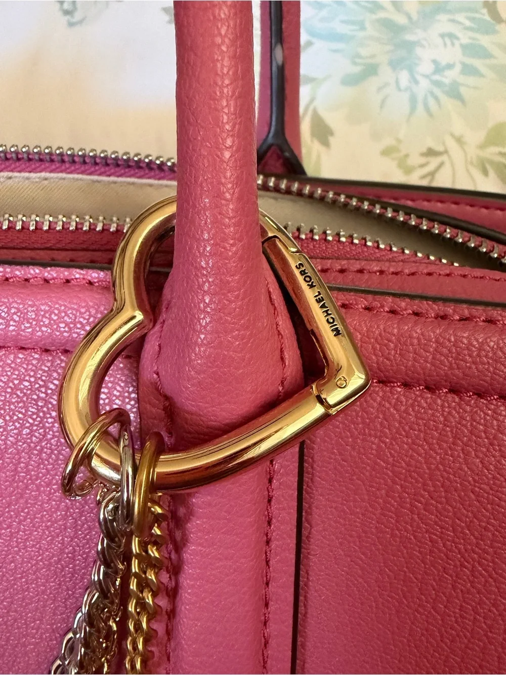 Michael Kors Hot Pink Leather Laila Satchel with Gold & Silver Chain Detail